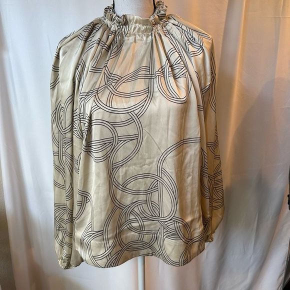 H&M Women Blouse Small Beige Geometric Long Sleeve High Career Top New Oversize - Picture 1 of 7